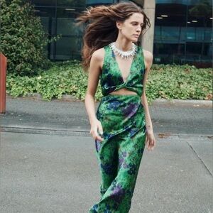 NWT Zara Floral Print Satin Effect Dress S Green Blue Purple